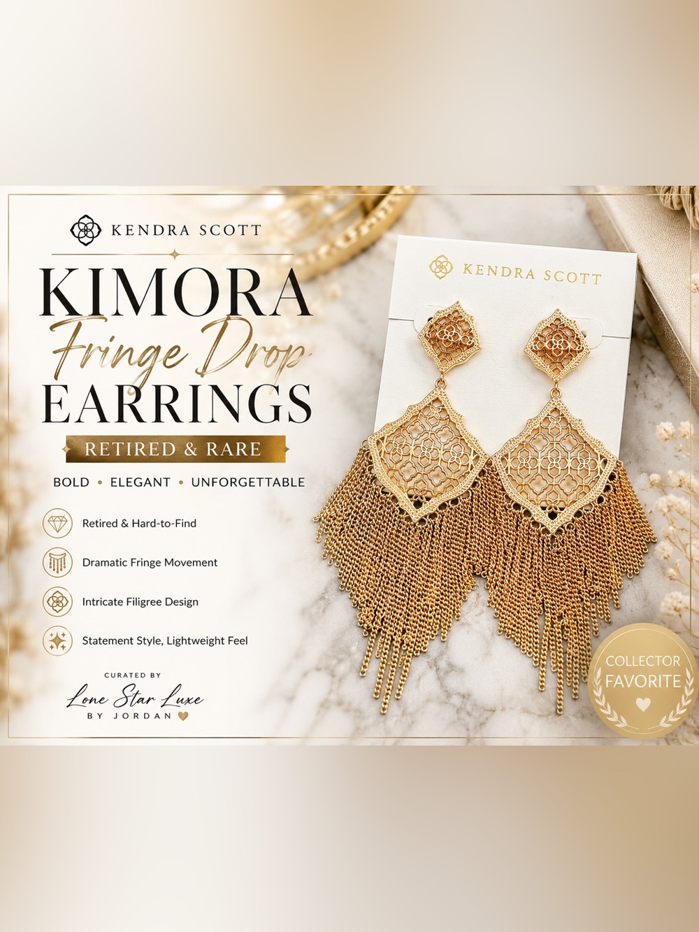 Retired Rare Kendra Scott Kimora Fringe Drop Earrings Gold Statement Earrings